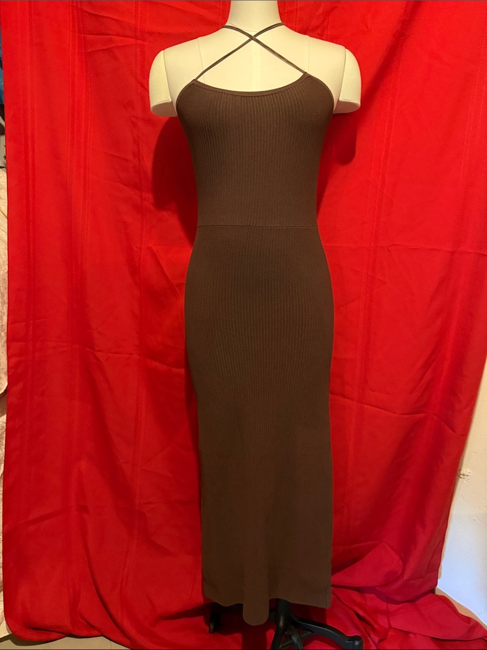 emory park Chocolate Brown Ribbed Cross-Strap Maxi Dress